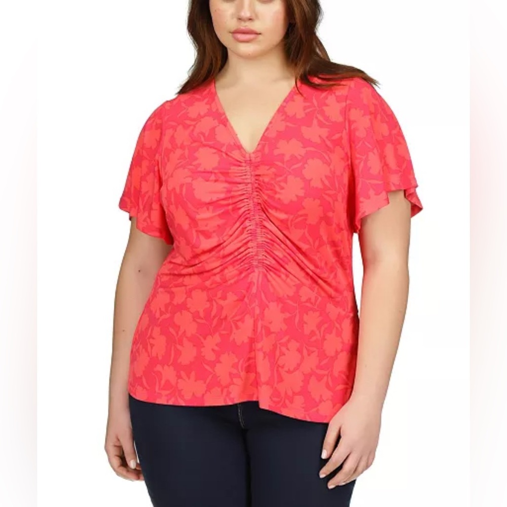 Michael Kors Plus Size Ruched Flutter-Sleeve Top